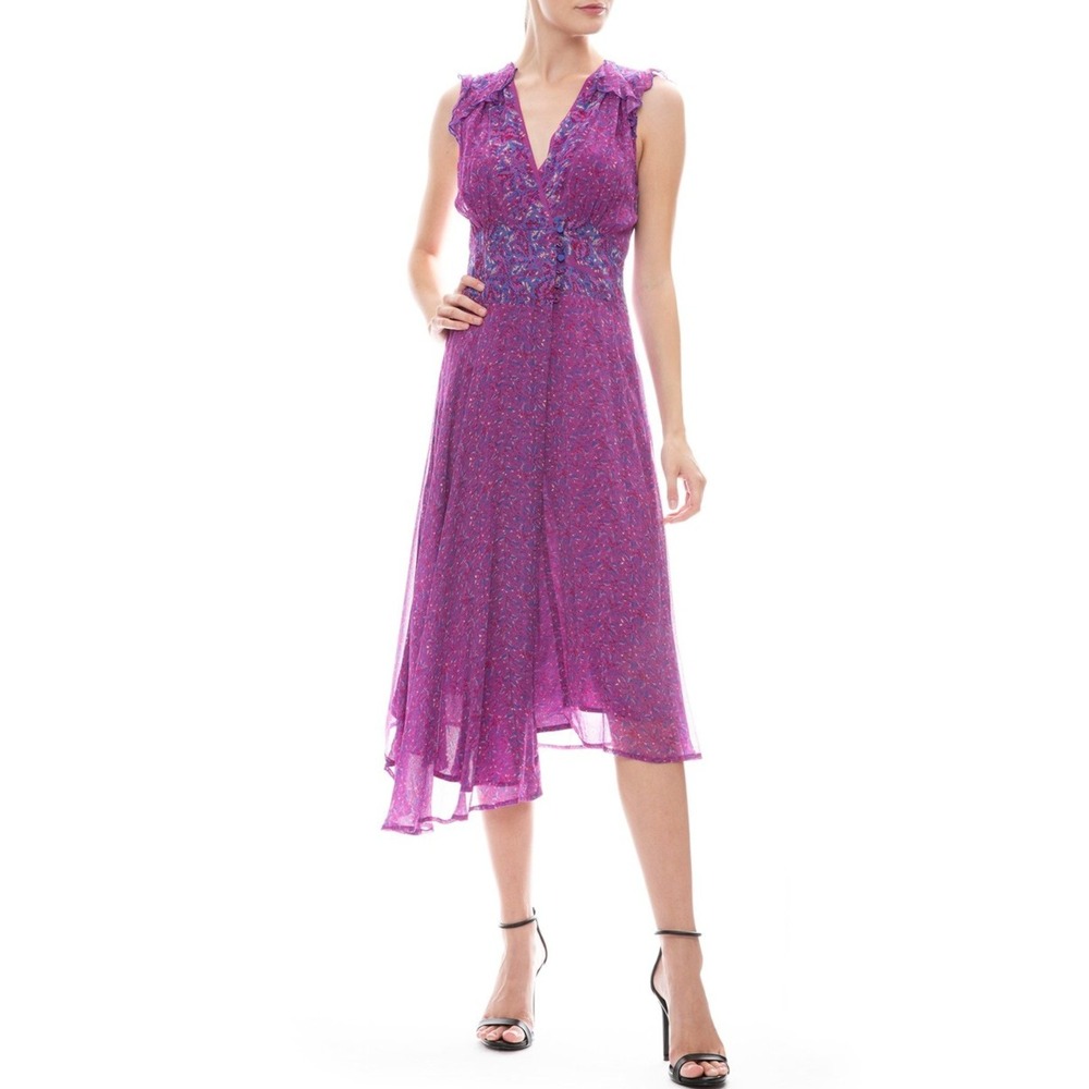 B15 Ba&sh Meryl Midi Dress Womens M Floral Ruffle Asymmetrical Wedding Guest
